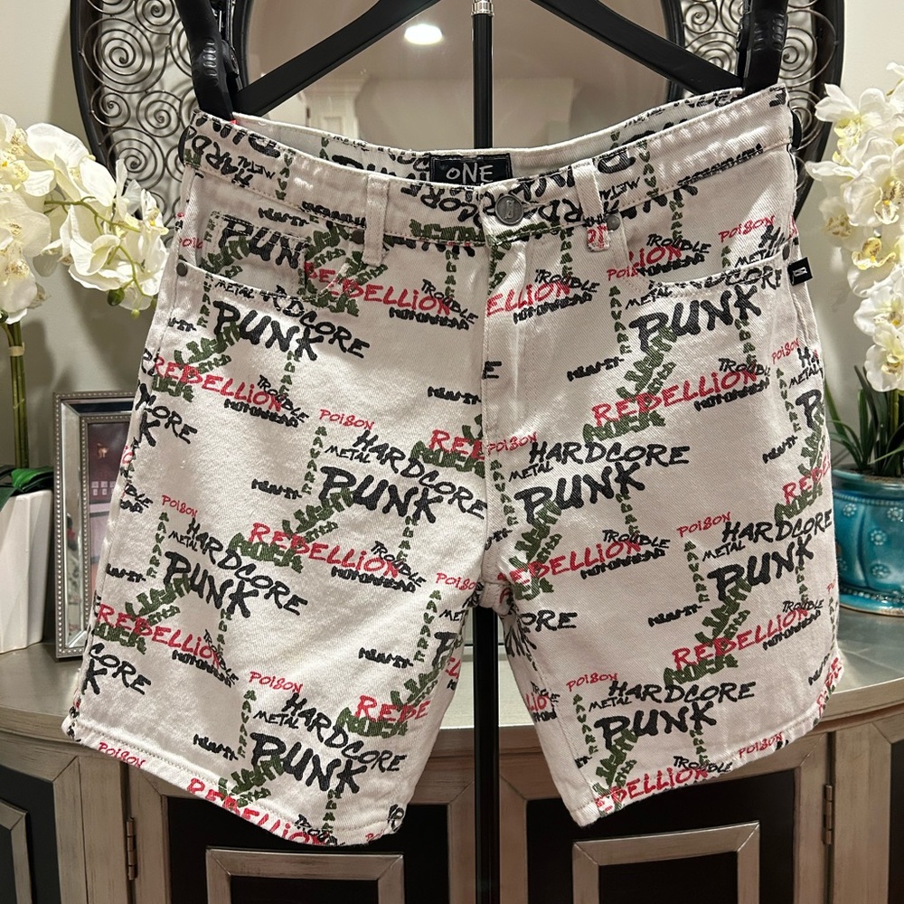 ONE Above Another Jean short White Graphic 'Punk Rebellion' Cotton Shorts